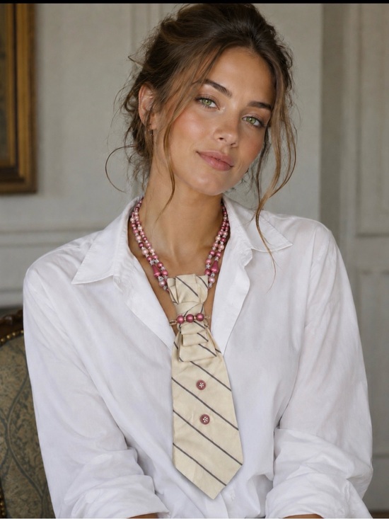 Hand Crafted Jewelry - Hand Crafted Cream Vintage NeckTie Necklace Pink Pearl Accents Academic Preppy
